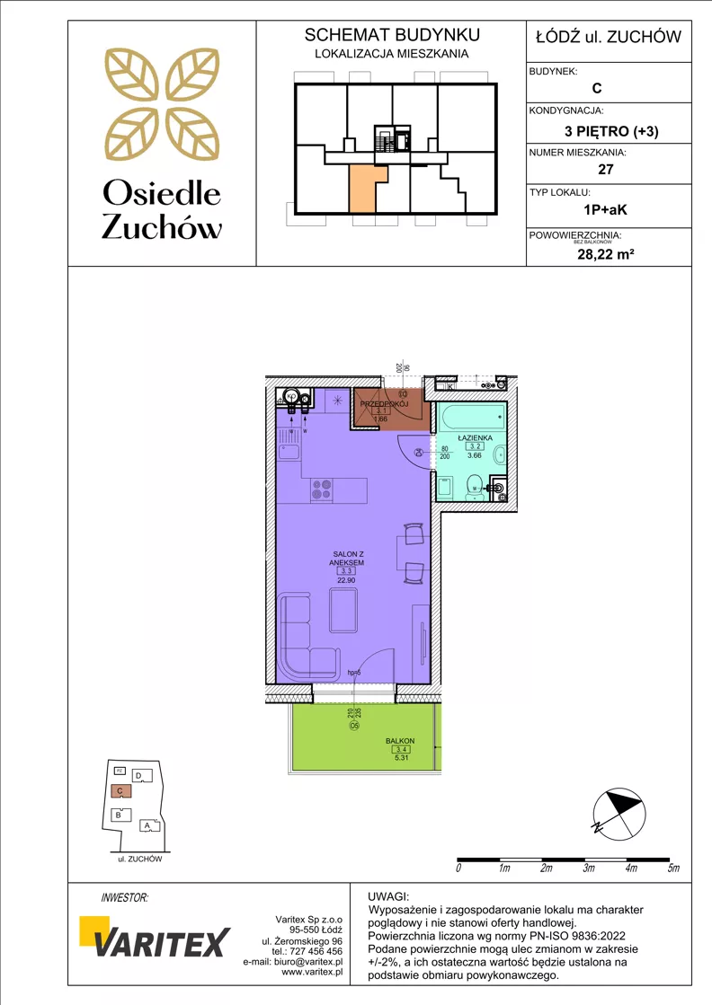 1 pokój, mieszkanie 28,22 m², piętro 3, oferta nr C27, Osiedle Zuchów II, Łódź, Górna, Rokicie, ul. Zuchów 4
