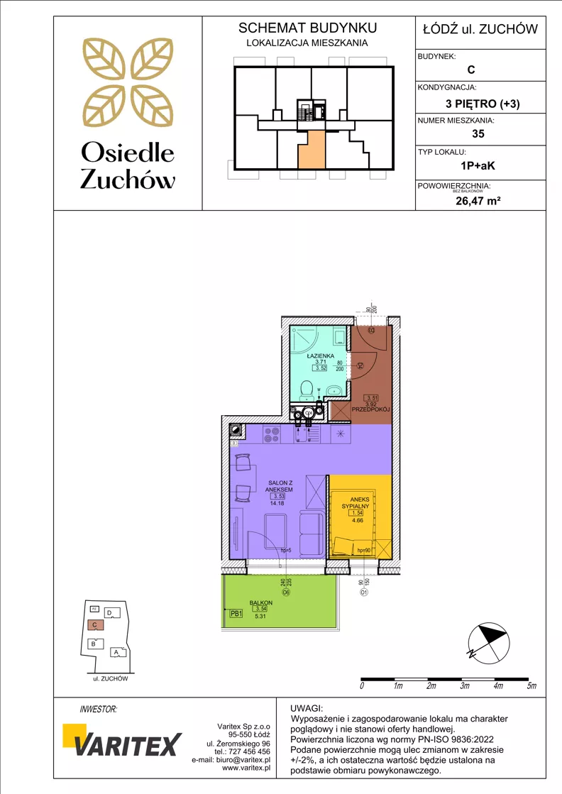1 pokój, mieszkanie 26,47 m², piętro 3, oferta nr C35, Osiedle Zuchów II, Łódź, Górna, Rokicie, ul. Zuchów 4