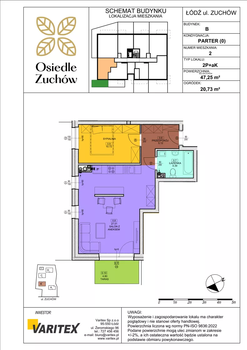 2 pokoje, mieszkanie 47,25 m², parter, oferta nr B02, Osiedle Zuchów II, Łódź, Górna, Rokicie, ul. Zuchów 4