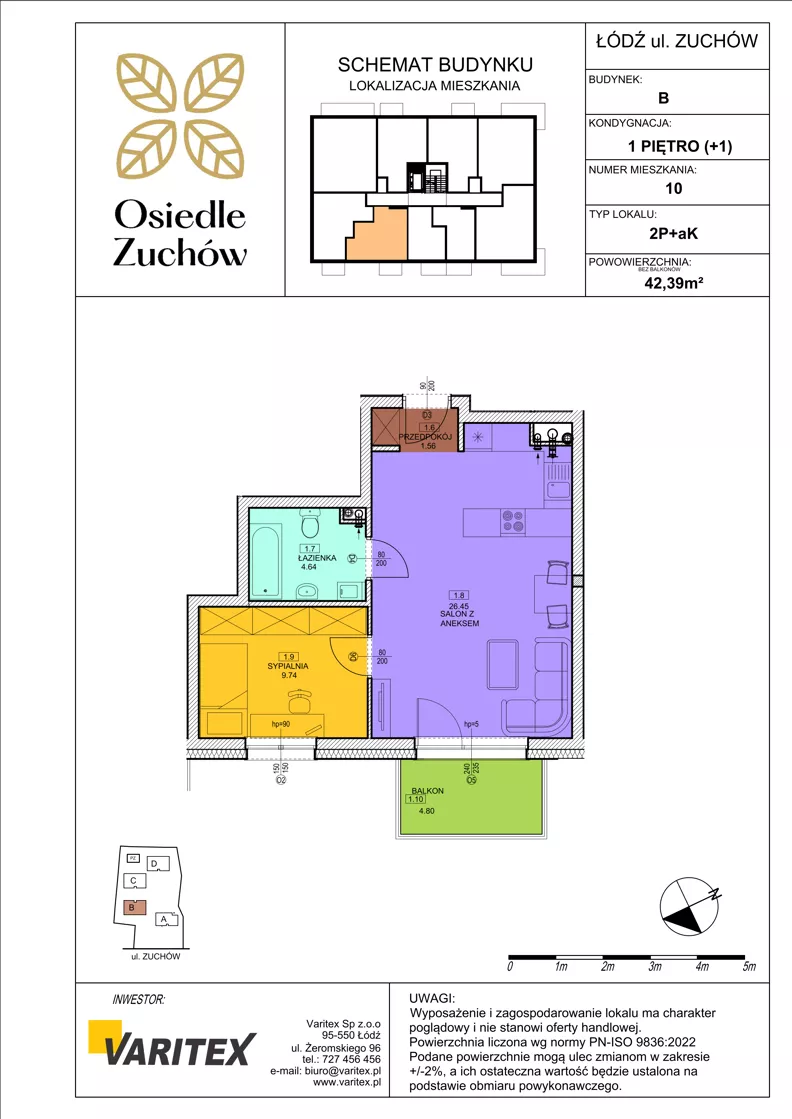 2 pokoje, mieszkanie 42,39 m², piętro 1, oferta nr B10, Osiedle Zuchów II, Łódź, Górna, Rokicie, ul. Zuchów 4