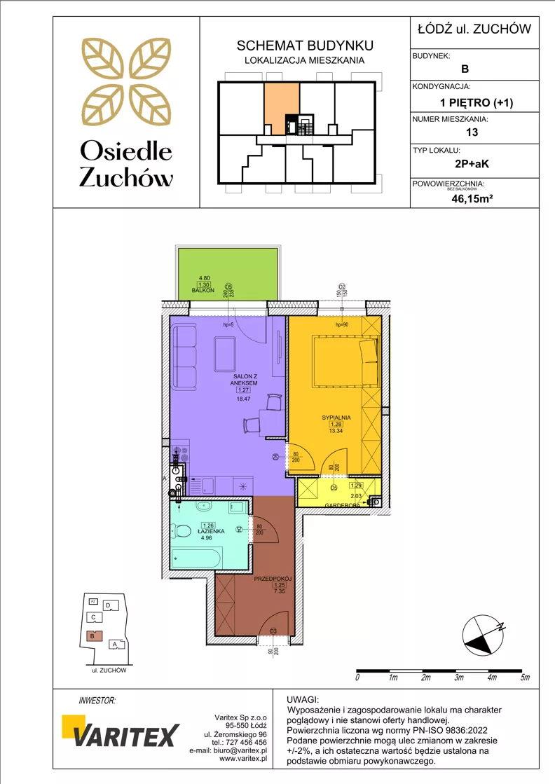 2 pokoje, mieszkanie 46,15 m², piętro 1, oferta nr B13, Osiedle Zuchów II, Łódź, Górna, Rokicie, ul. Zuchów 4