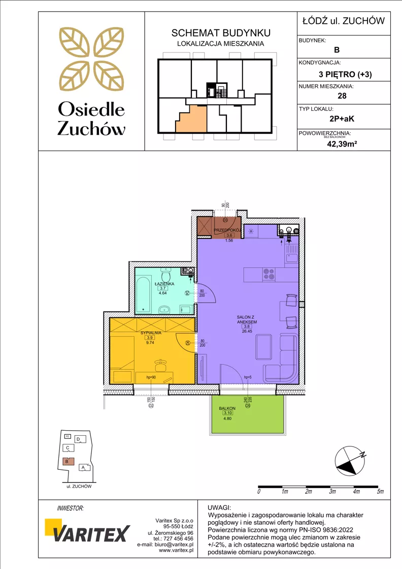 2 pokoje, mieszkanie 42,39 m², piętro 3, oferta nr B28, Osiedle Zuchów II, Łódź, Górna, Rokicie, ul. Zuchów 4