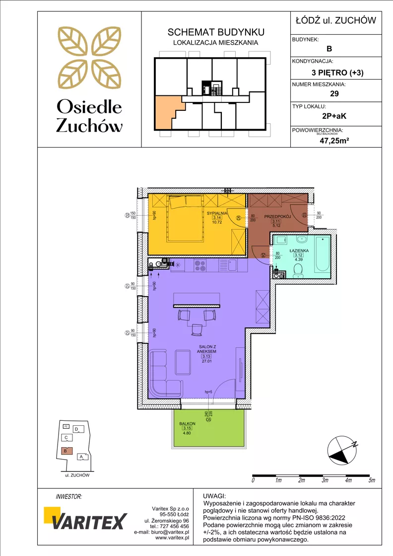 2 pokoje, mieszkanie 47,25 m², piętro 3, oferta nr B29, Osiedle Zuchów II, Łódź, Górna, Rokicie, ul. Zuchów 4