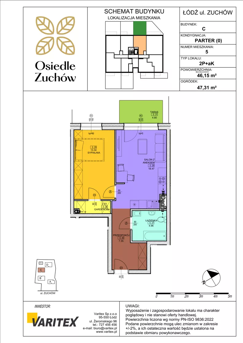 2 pokoje, mieszkanie 46,15 m², parter, oferta nr C05, Osiedle Zuchów II, Łódź, Górna, Rokicie, ul. Zuchów 4