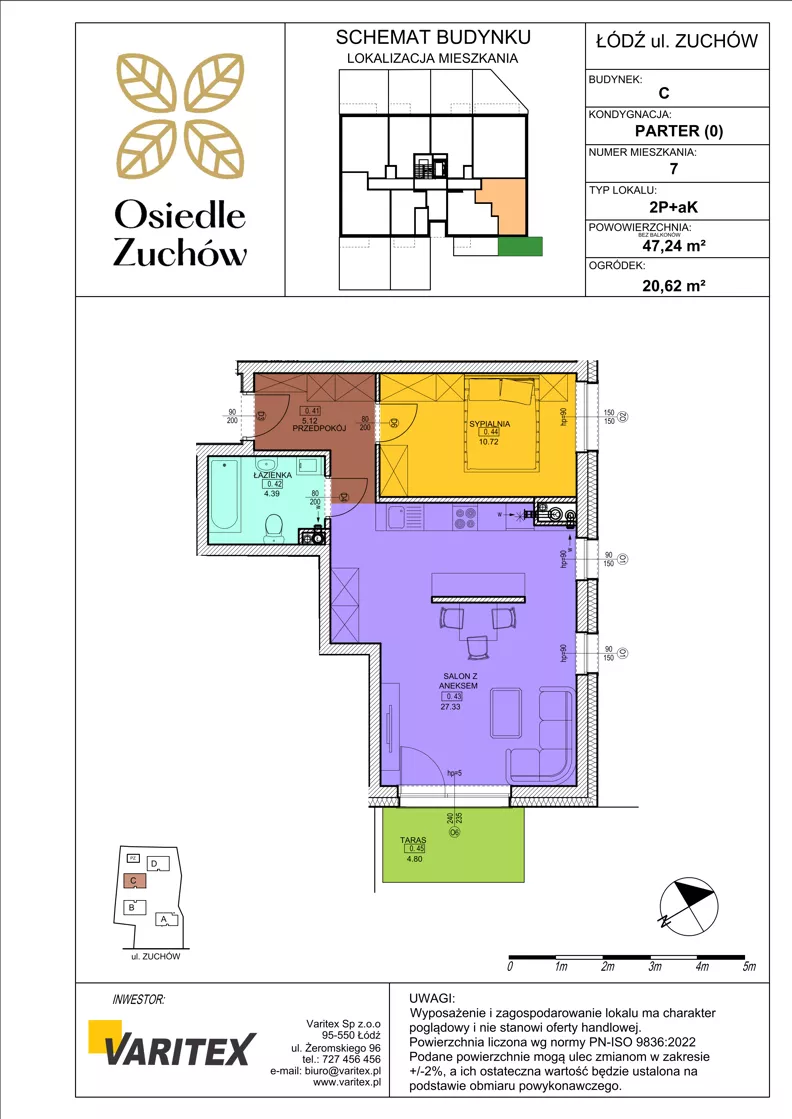 2 pokoje, mieszkanie 47,24 m², parter, oferta nr C07, Osiedle Zuchów II, Łódź, Górna, Rokicie, ul. Zuchów 4