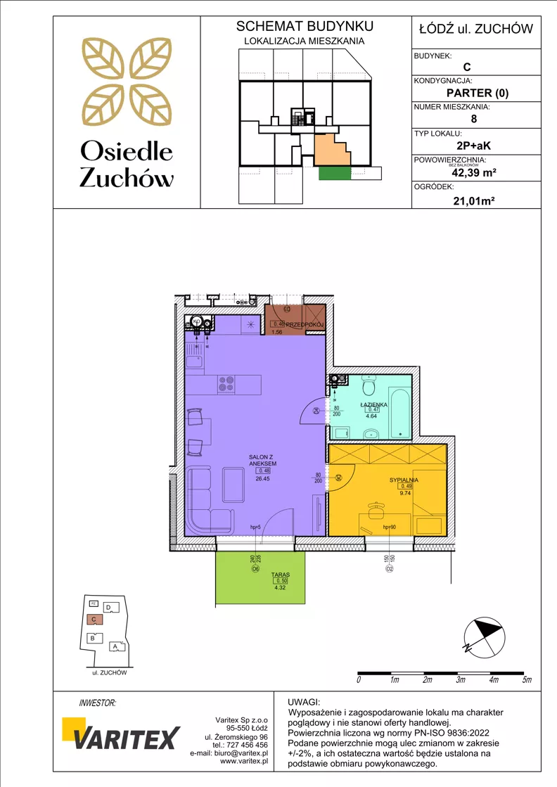 2 pokoje, mieszkanie 42,39 m², parter, oferta nr C08, Osiedle Zuchów II, Łódź, Górna, Rokicie, ul. Zuchów 4