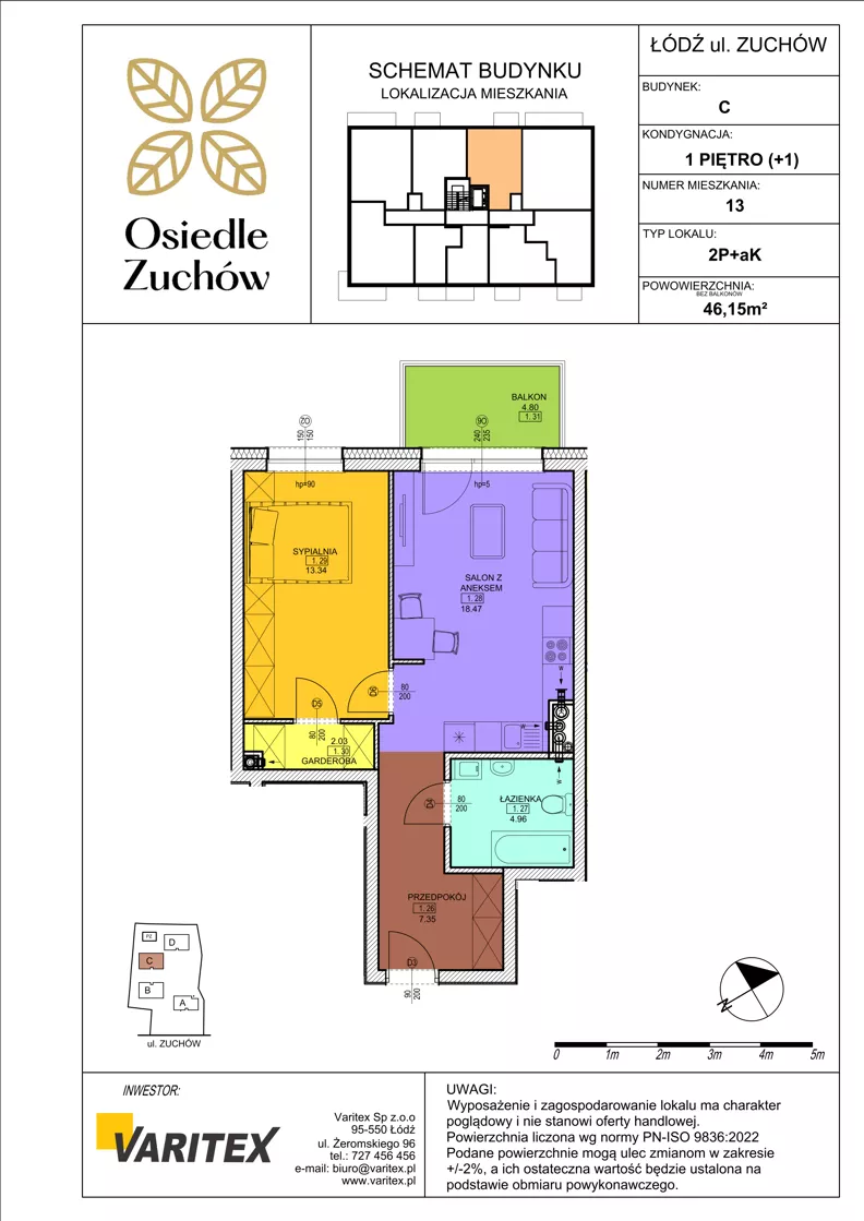 2 pokoje, mieszkanie 46,15 m², piętro 1, oferta nr C13, Osiedle Zuchów II, Łódź, Górna, Rokicie, ul. Zuchów 4