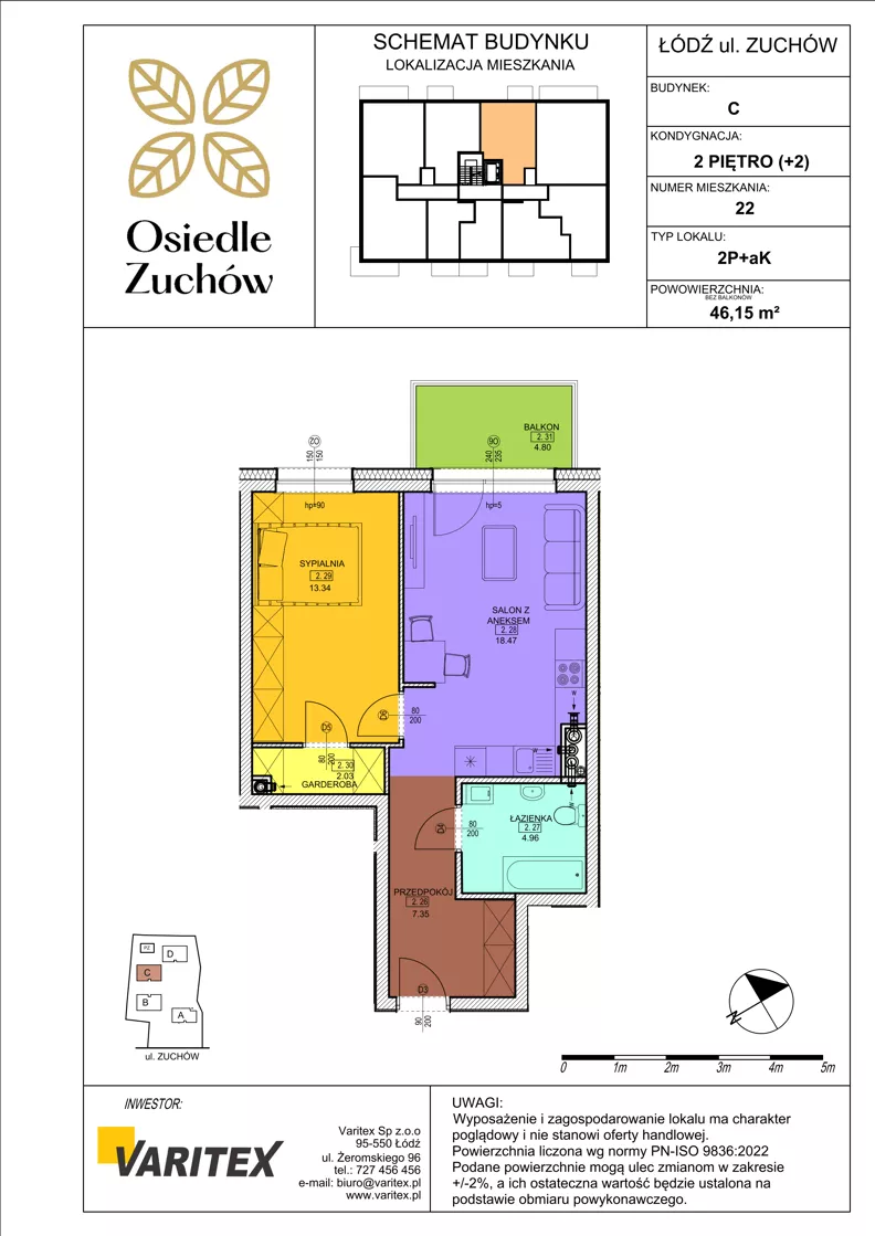 2 pokoje, mieszkanie 46,15 m², piętro 2, oferta nr C22, Osiedle Zuchów II, Łódź, Górna, Rokicie, ul. Zuchów 4