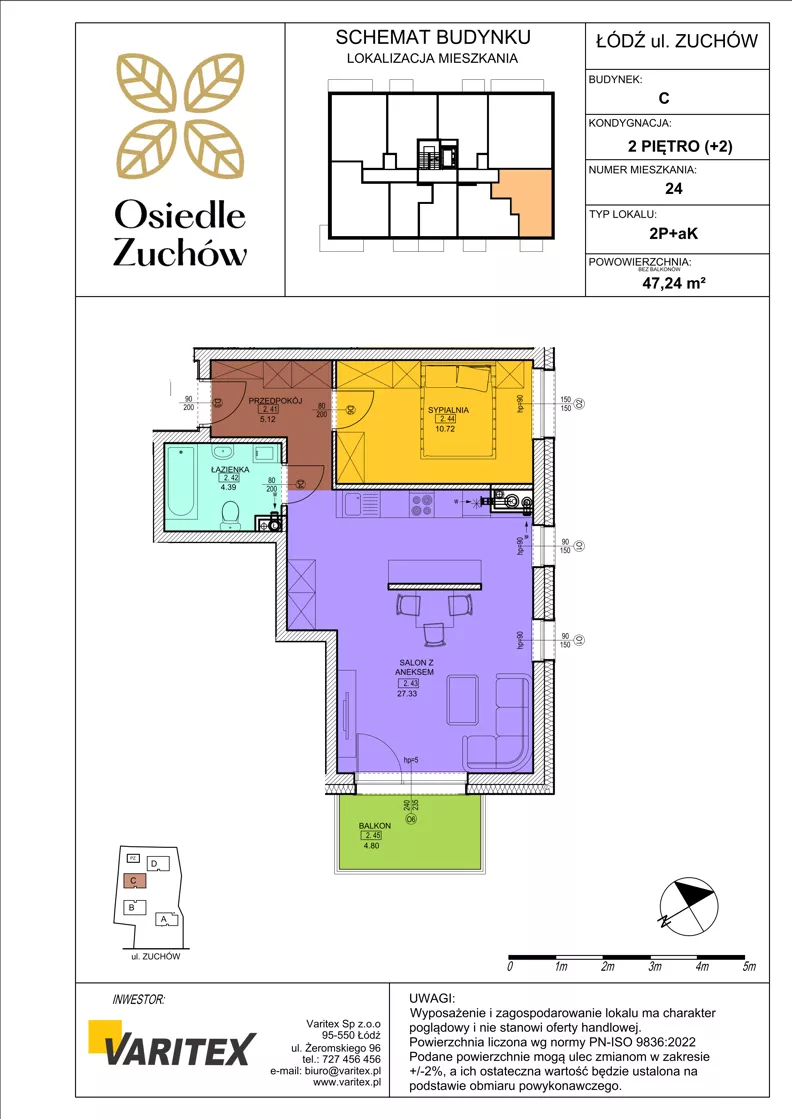 2 pokoje, mieszkanie 47,24 m², piętro 2, oferta nr C24, Osiedle Zuchów II, Łódź, Górna, Rokicie, ul. Zuchów 4