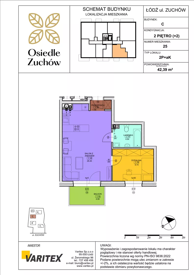 2 pokoje, mieszkanie 42,39 m², piętro 2, oferta nr C25, Osiedle Zuchów II, Łódź, Górna, Rokicie, ul. Zuchów 4