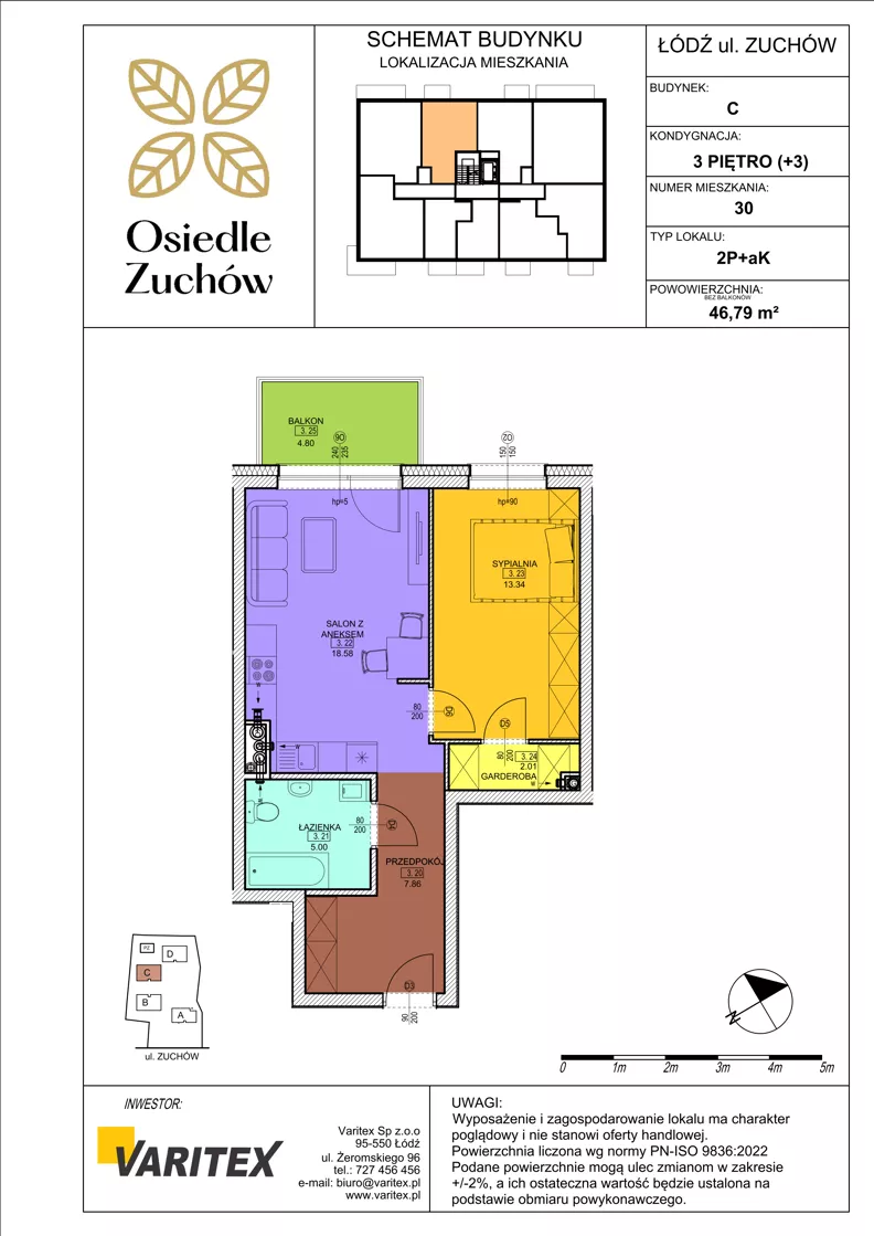 2 pokoje, mieszkanie 46,79 m², piętro 3, oferta nr C30, Osiedle Zuchów II, Łódź, Górna, Rokicie, ul. Zuchów 4