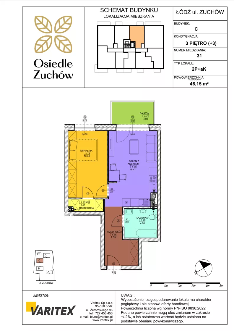 2 pokoje, mieszkanie 46,15 m², piętro 3, oferta nr C31, Osiedle Zuchów II, Łódź, Górna, Rokicie, ul. Zuchów 4