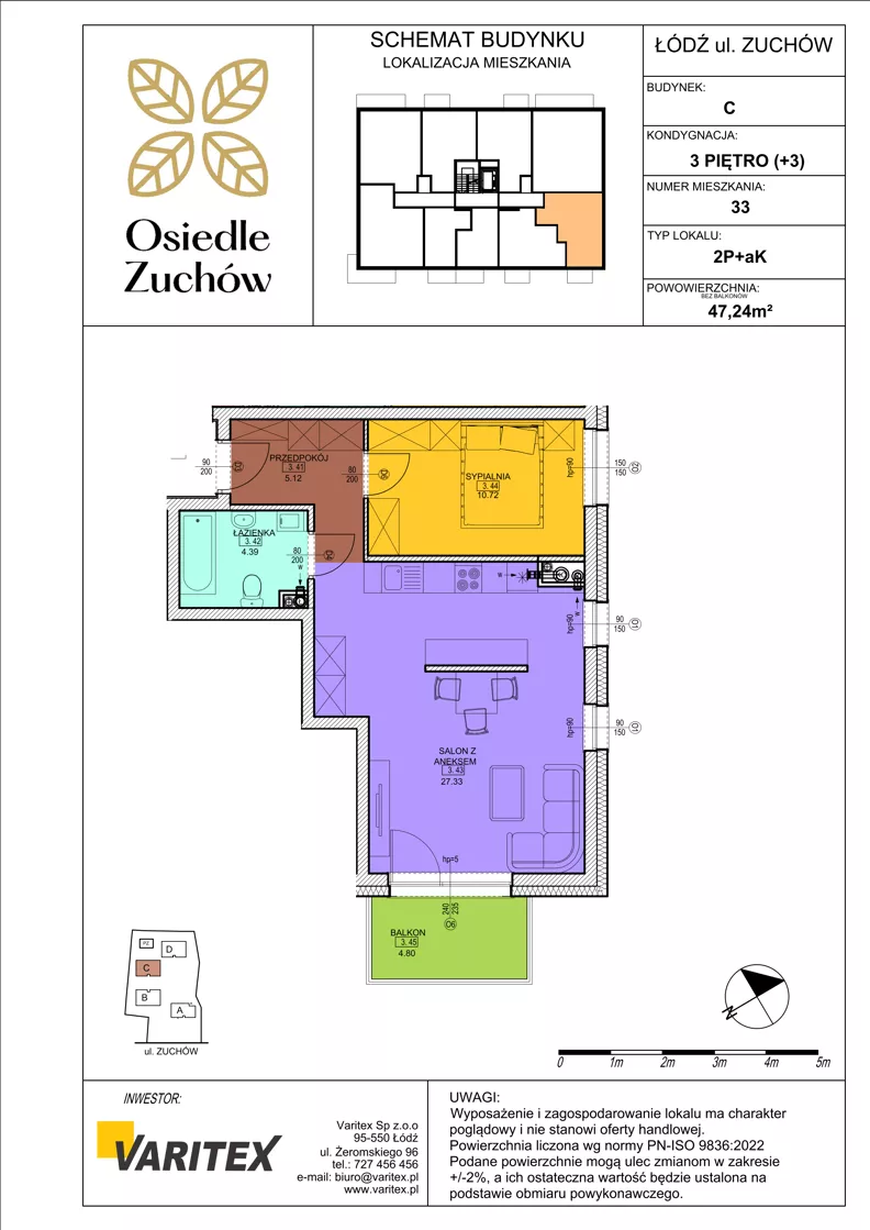 2 pokoje, mieszkanie 47,24 m², piętro 3, oferta nr C33, Osiedle Zuchów II, Łódź, Górna, Rokicie, ul. Zuchów 4