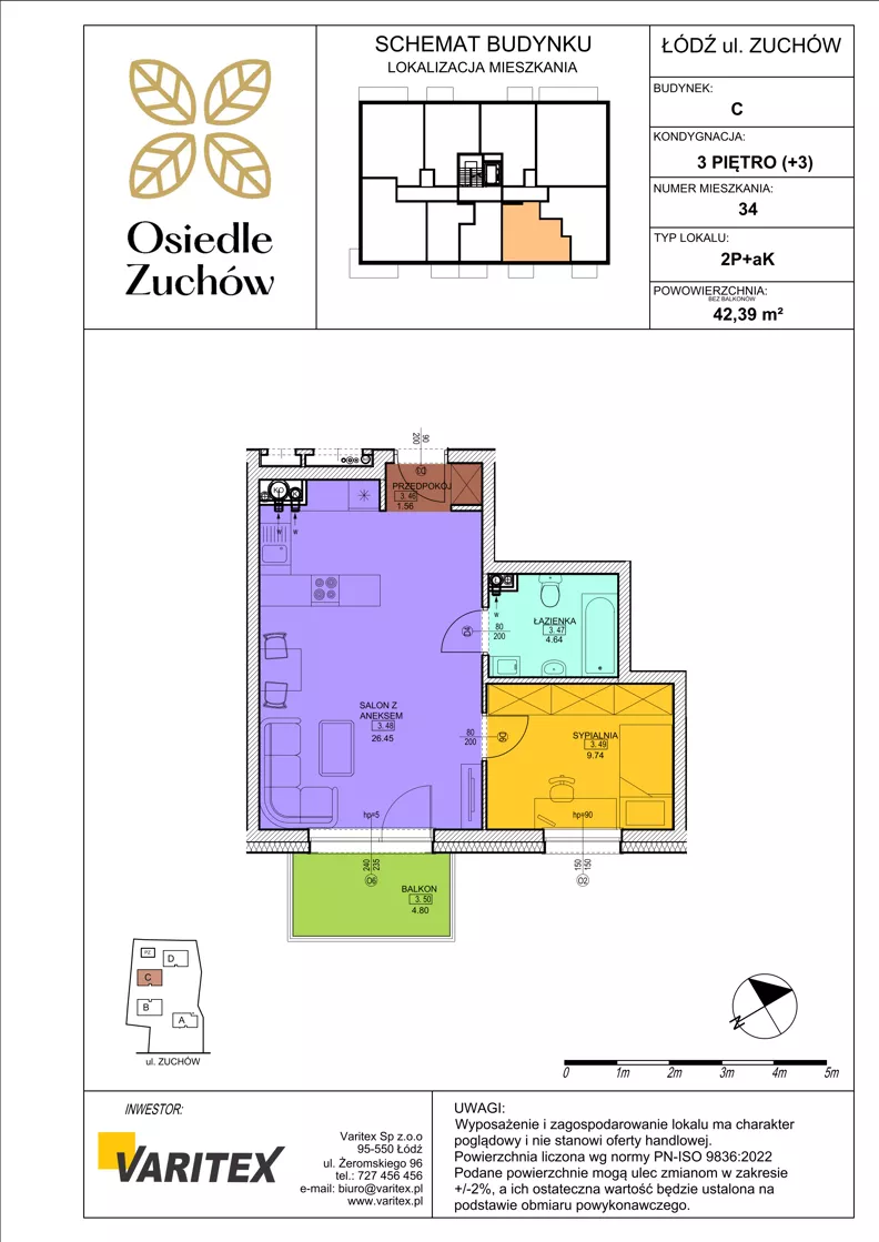 2 pokoje, mieszkanie 42,39 m², piętro 3, oferta nr C34, Osiedle Zuchów II, Łódź, Górna, Rokicie, ul. Zuchów 4