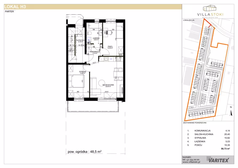3 pokoje, mieszkanie 50,73 m², parter, oferta nr H3, Villa Stoki, Łódź, Widzew, ul. Beskidzka 109