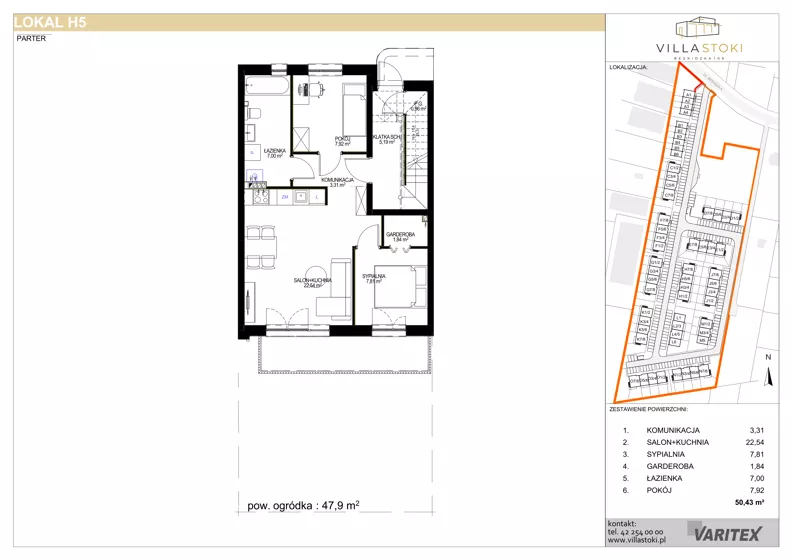 3 pokoje, mieszkanie 50,43 m², parter, oferta nr H5, Villa Stoki, Łódź, Widzew, ul. Beskidzka 109