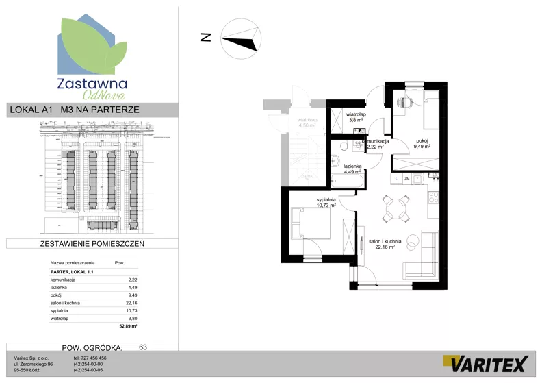 3 pokoje, mieszkanie 52,89 m², parter, oferta nr A.1, Zastawna OdNova, Łódź, Górna, ul. Zastawna
