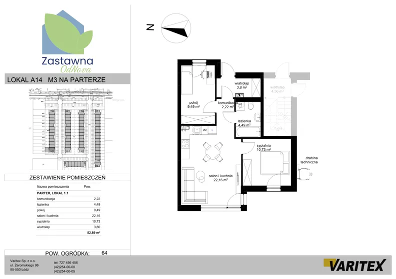 3 pokoje, mieszkanie 52,89 m², piętro 1, oferta nr A.14, Zastawna OdNova, Łódź, Górna, ul. Zastawna