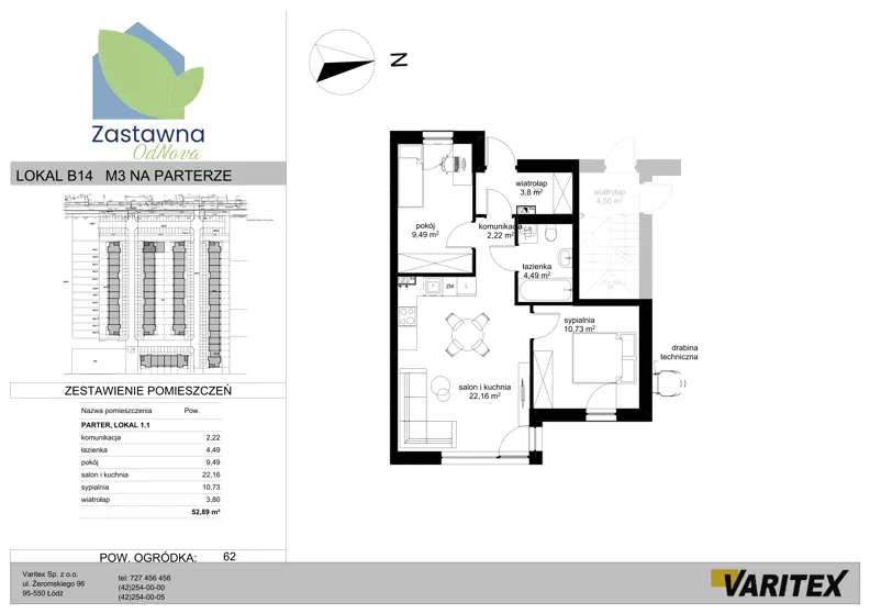 3 pokoje, mieszkanie 52,89 m², piętro 1, oferta nr B.14, Zastawna OdNova, Łódź, Górna, ul. Zastawna