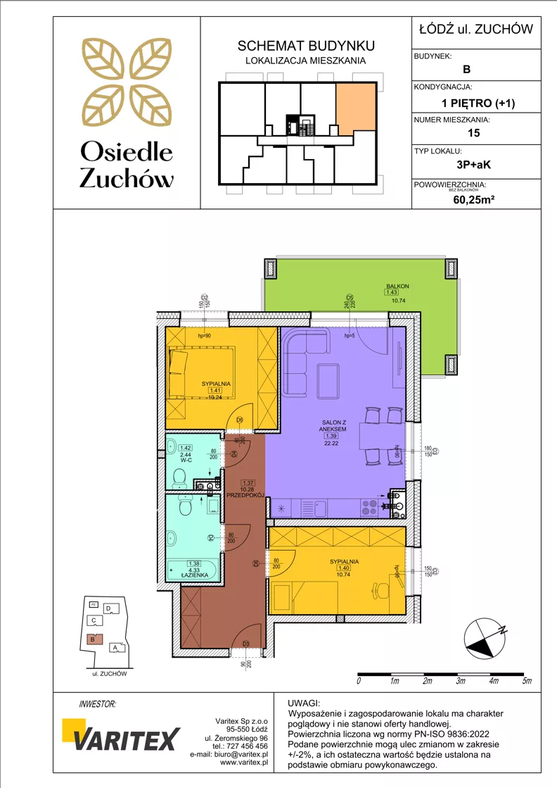 3 pokoje, mieszkanie 60,25 m², piętro 1, oferta nr B15, Osiedle Zuchów II, Łódź, Górna, Rokicie, ul. Zuchów 4