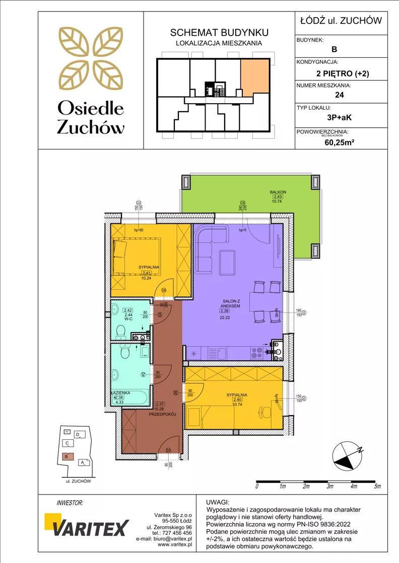 3 pokoje, mieszkanie 60,25 m², piętro 2, oferta nr B24, Osiedle Zuchów II, Łódź, Górna, Rokicie, ul. Zuchów 4