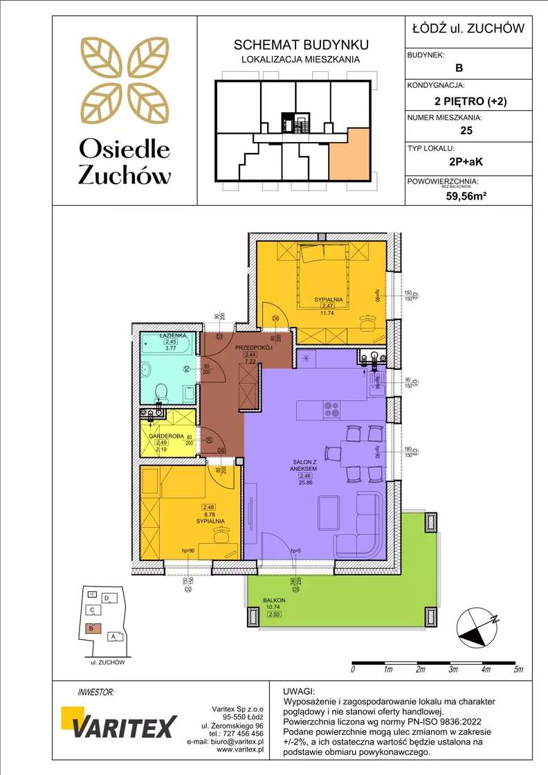 3 pokoje, mieszkanie 59,56 m², piętro 2, oferta nr B25, Osiedle Zuchów II, Łódź, Górna, Rokicie, ul. Zuchów 4