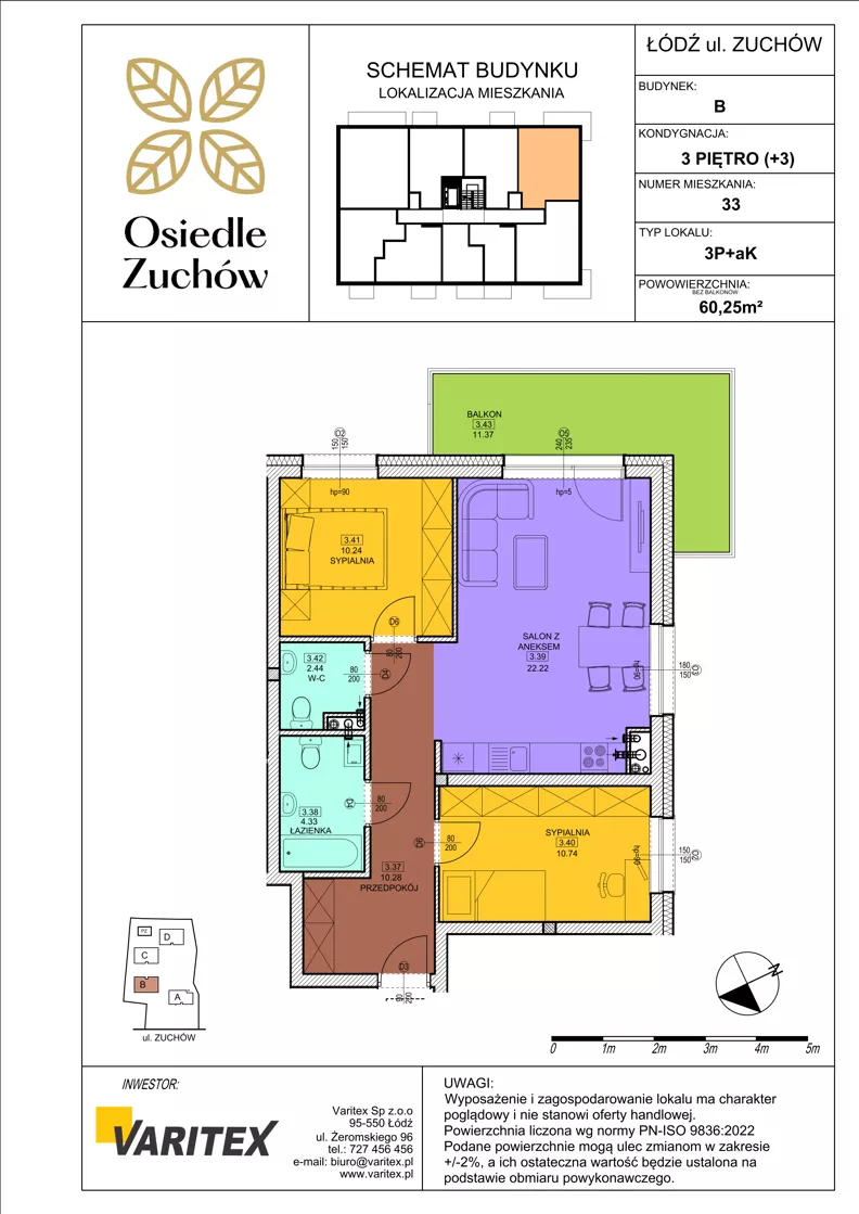 3 pokoje, mieszkanie 60,25 m², piętro 3, oferta nr B33, Osiedle Zuchów II, Łódź, Górna, Rokicie, ul. Zuchów 4