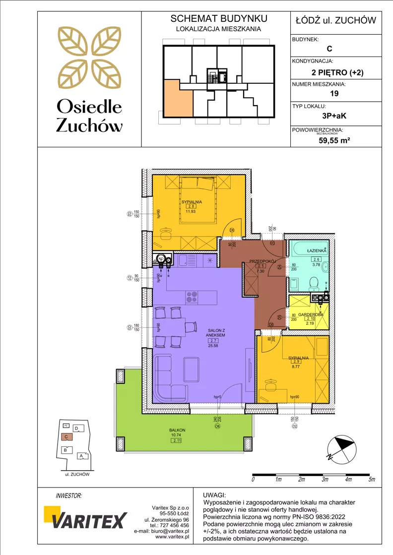 3 pokoje, mieszkanie 59,55 m², piętro 2, oferta nr C19, Osiedle Zuchów II, Łódź, Górna, Rokicie, ul. Zuchów 4