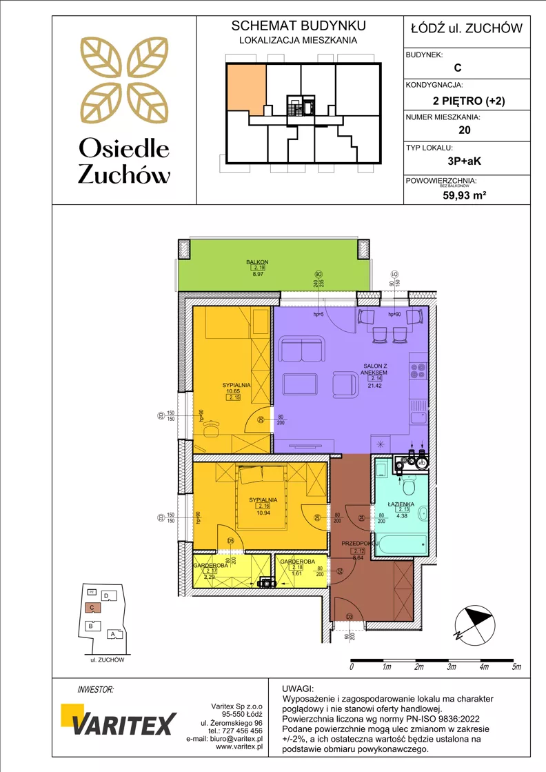 3 pokoje, mieszkanie 59,93 m², piętro 2, oferta nr C20, Osiedle Zuchów II, Łódź, Górna, Rokicie, ul. Zuchów 4