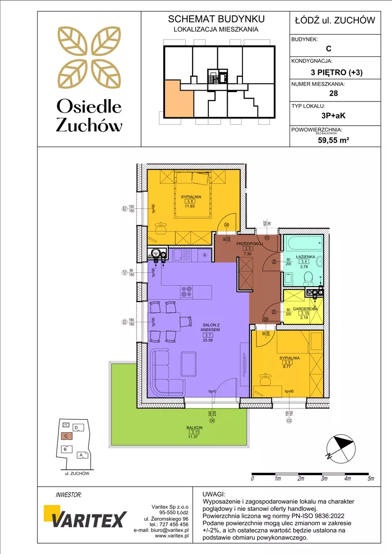 3 pokoje, mieszkanie 59,55 m², piętro 3, oferta nr C28, Osiedle Zuchów II, Łódź, Górna, Rokicie, ul. Zuchów 4
