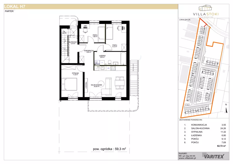 4 pokoje, mieszkanie 62,72 m², parter, oferta nr H7, Villa Stoki, Łódź, Widzew, ul. Beskidzka 109