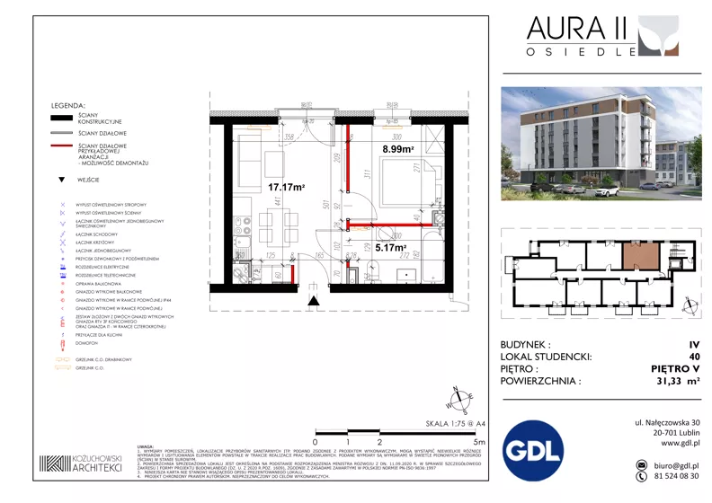 2 pokoje, lokal inwestycyjny 31,19 m², piętro 5, oferta nr LS-40, Aura II, Lublin, Felin, Majdanek, ul. Józefa Franczaka "Lalka" 1A