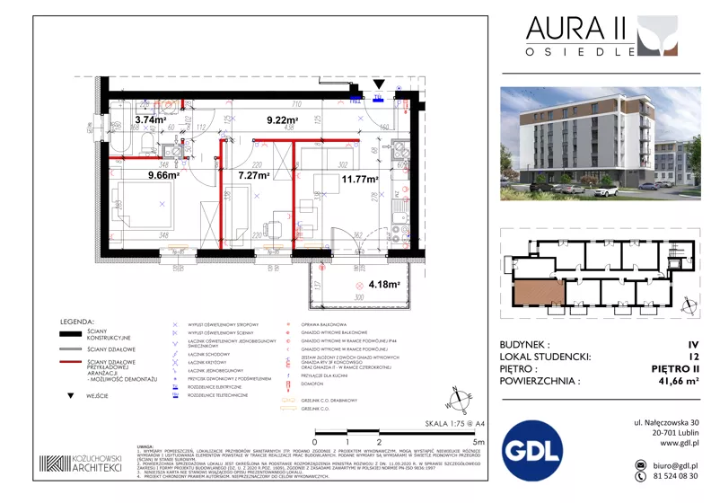 3 pokoje, lokal inwestycyjny 41,55 m², piętro 2, oferta nr LS-12, Aura II, Lublin, Felin, Majdanek, ul. Józefa Franczaka "Lalka" 1A