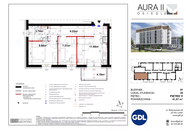 3 pokoje, lokal inwestycyjny 41,52 m², piętro 5, oferta nr LS-36, Aura II, Lublin, Felin, Majdanek, ul. Józefa Franczaka "Lalka" 1A