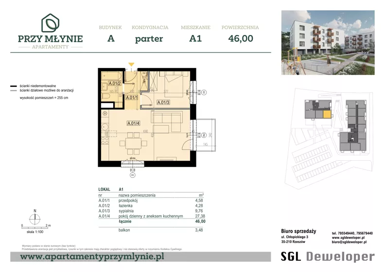 2 pokoje, mieszkanie 46,00 m², parter, oferta nr A1, Apartamenty przy Młynie, Boguchwała, ul. Cicha 2