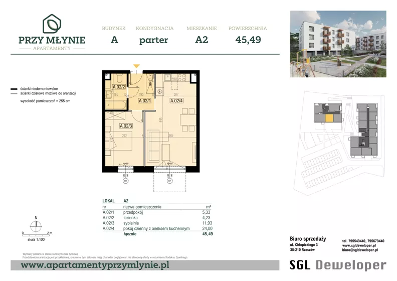 2 pokoje, mieszkanie 45,49 m², parter, oferta nr A2, Apartamenty przy Młynie, Boguchwała, ul. Cicha 2