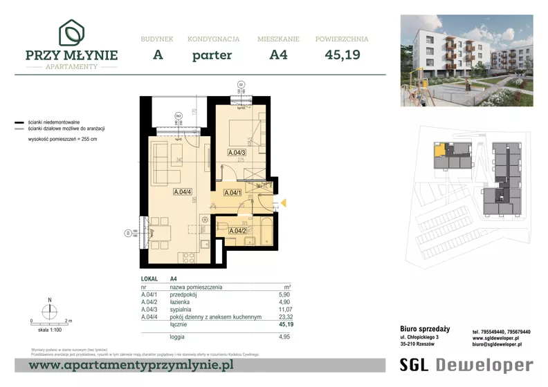 2 pokoje, mieszkanie 45,19 m², parter, oferta nr A4, Apartamenty przy Młynie, Boguchwała, ul. Cicha 2
