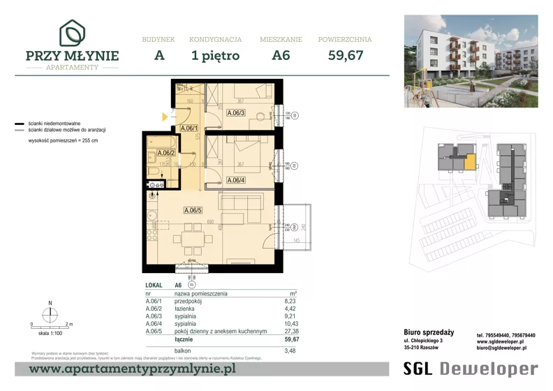 3 pokoje, mieszkanie 59,67 m², piętro 1, oferta nr A6, Apartamenty przy Młynie, Boguchwała, ul. Cicha 2
