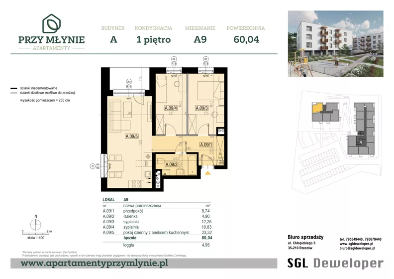 3 pokoje, mieszkanie 60,04 m², piętro 1, oferta nr A9, Apartamenty przy Młynie, Boguchwała, ul. Cicha 2
