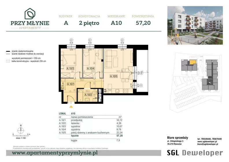 3 pokoje, mieszkanie 57,20 m², piętro 2, oferta nr A10, Apartamenty przy Młynie, Boguchwała, ul. Cicha 2