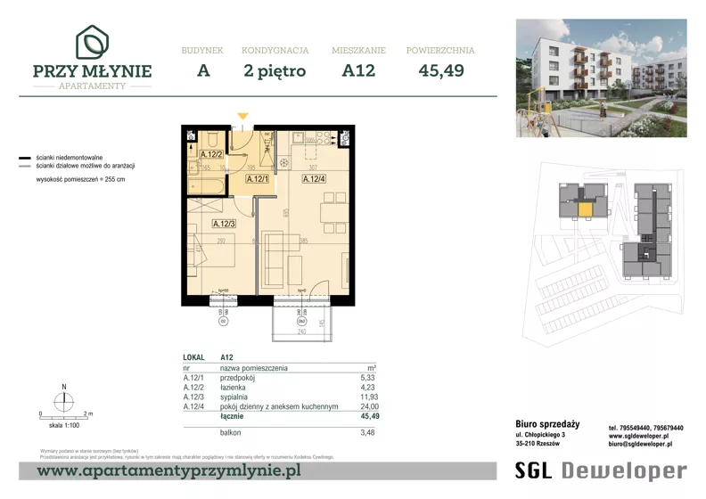 2 pokoje, mieszkanie 45,49 m², piętro 2, oferta nr A12, Apartamenty przy Młynie, Boguchwała, ul. Cicha 2