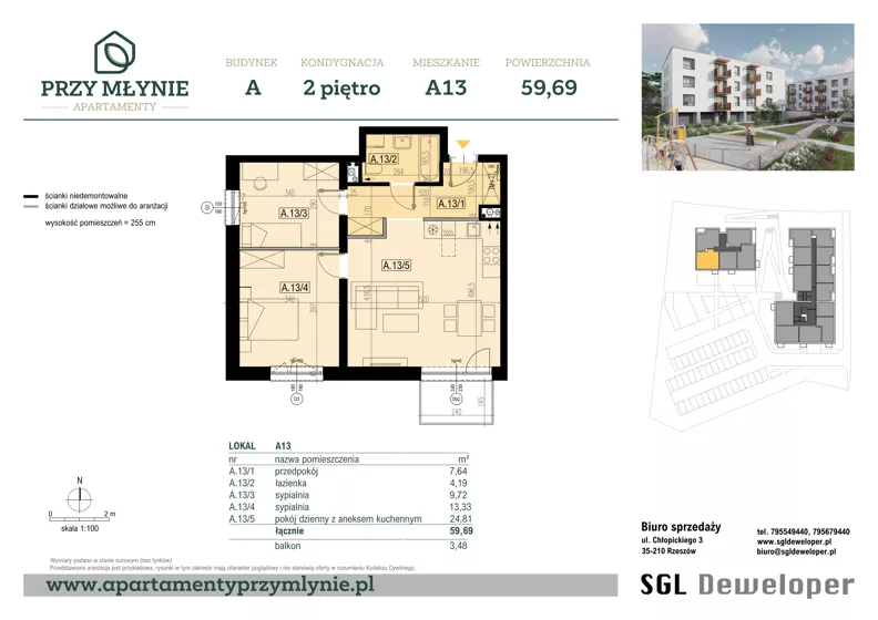 3 pokoje, mieszkanie 59,69 m², piętro 2, oferta nr A13, Apartamenty przy Młynie, Boguchwała, ul. Cicha 2