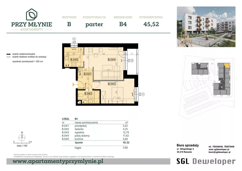2 pokoje, mieszkanie 45,52 m², parter, oferta nr B4, Apartamenty przy Młynie, Boguchwała, ul. Cicha 2