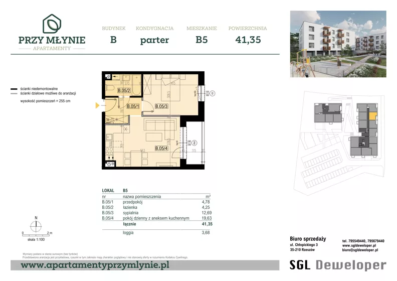 2 pokoje, mieszkanie 41,35 m², parter, oferta nr B5, Apartamenty przy Młynie, Boguchwała, ul. Cicha 2