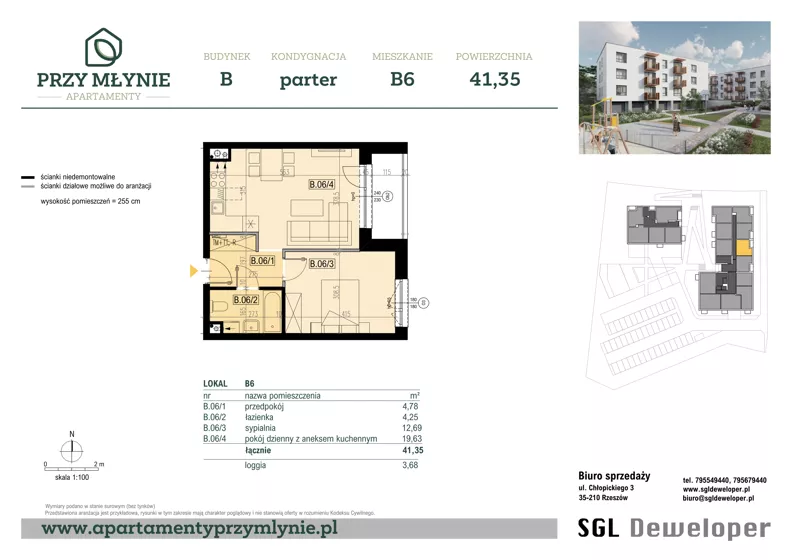 2 pokoje, mieszkanie 41,35 m², parter, oferta nr B6, Apartamenty przy Młynie, Boguchwała, ul. Cicha 2