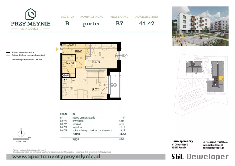 2 pokoje, mieszkanie 41,42 m², parter, oferta nr B7, Apartamenty przy Młynie, Boguchwała, ul. Cicha 2