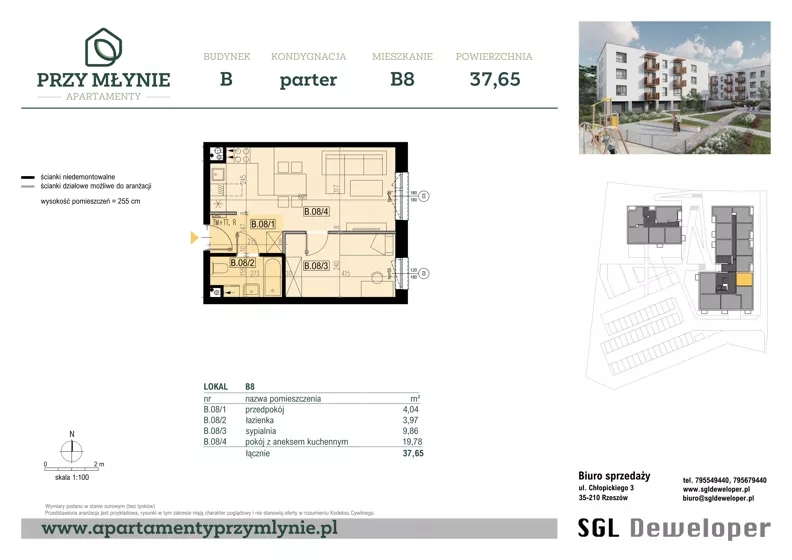 2 pokoje, mieszkanie 37,65 m², parter, oferta nr B8, Apartamenty przy Młynie, Boguchwała, ul. Cicha 2