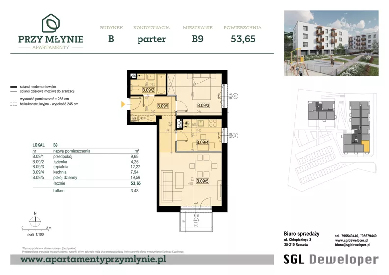 2 pokoje, mieszkanie 53,65 m², parter, oferta nr B9, Apartamenty przy Młynie, Boguchwała, ul. Cicha 2