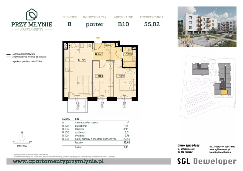 3 pokoje, mieszkanie 55,02 m², parter, oferta nr B10, Apartamenty przy Młynie, Boguchwała, ul. Cicha 2