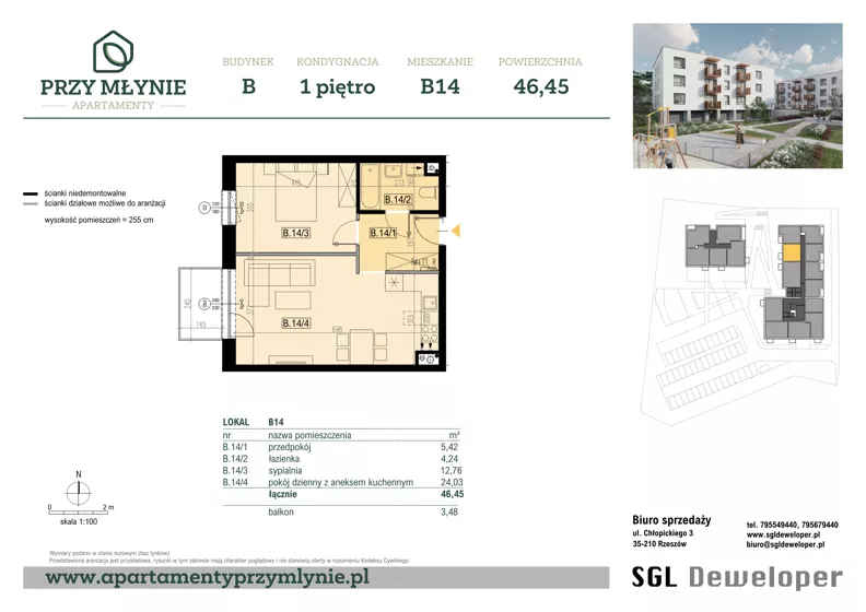 2 pokoje, mieszkanie 46,45 m², piętro 1, oferta nr B14, Apartamenty przy Młynie, Boguchwała, ul. Cicha 2